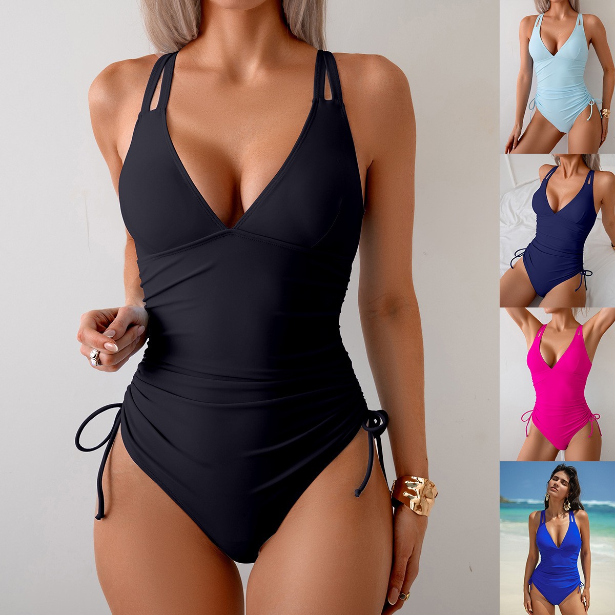 Womens Suit - Solid Black Swimsuit V Neck Ruched